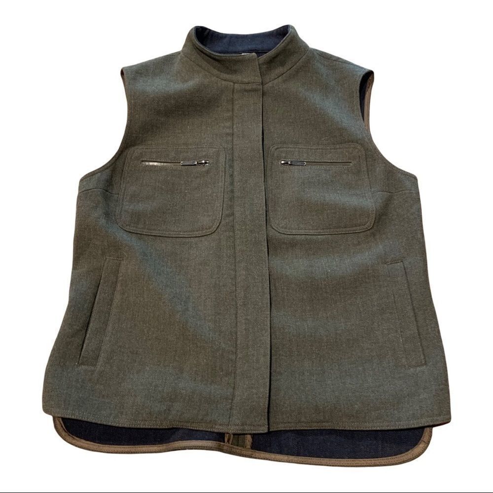 Laundry by Shelli Segal Vest Olive Green Mandarin Collar Zipper Stretch Size 6